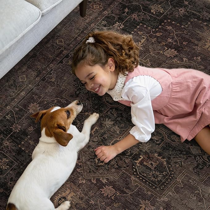 GENIMO 2'6"x6 Runner Rugs for Hallway, Machine Washable Non Slip Vintage Rugs, Low Pile Lightweight Soft Print Rug for enrtyway, Corridor, Home, Office, Kitchen, Charcoal Brown