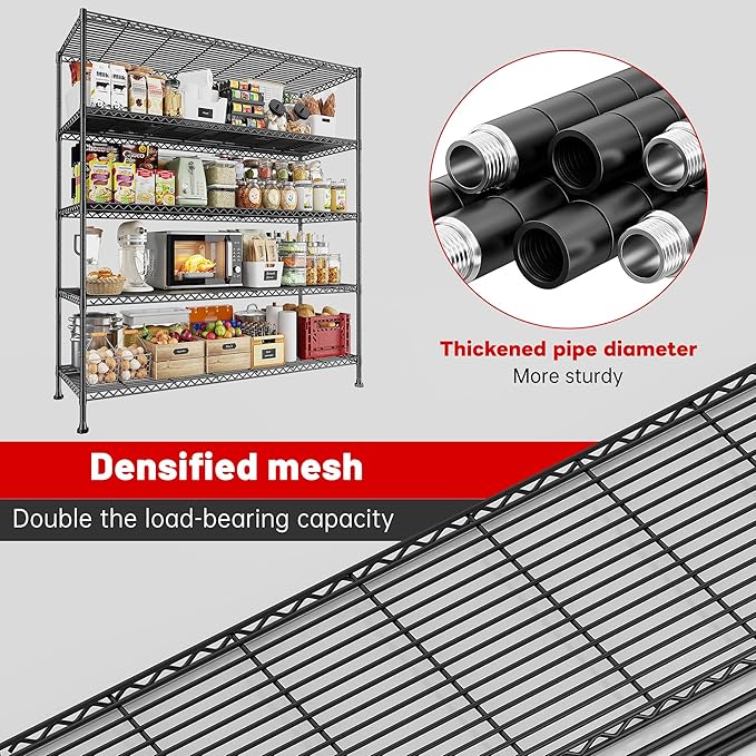 REIBII 45.8''W Steel Wire Shelving Unit, 5 Tier Adjustable Metal Storage Shelves for Kitchen Pantry Office Wire Rack Metal Shelving Unit for College Dorm School, 45.8" W x 71" H x 17.2" D 2PCS