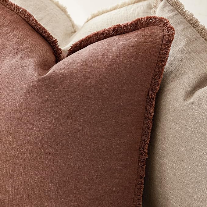 Foindtower Set of 2 Decorative Linen Fringe Throw Pillow Covers Boho Farmhouse Cushion Cover with Tassels Accent Pillowcase for Couch Chair Sofa Bed Living Room Home Decor,22×22 Inch,Rust Red