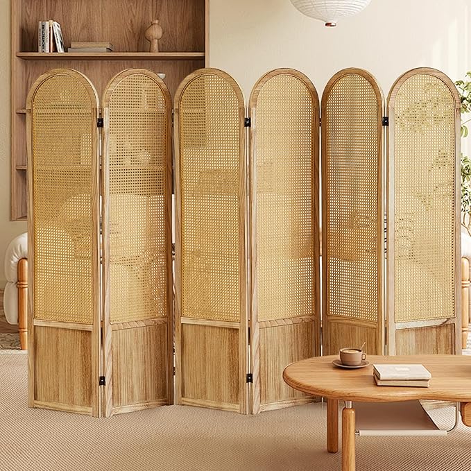 Asnefeli 6 Panels Room Divider, Folding Privacy Screen, Foldable Wood Rattan Room Divider Panel, Portable Partition Screen Wall Divider for Room Separation Bedroom Home Office Garden Terrace (Natural)