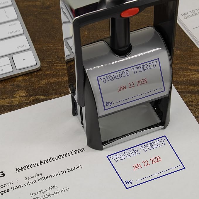 MaxMark Heavy Duty Self Inking Date Stamp with Phrase Deposited - Blue Ink