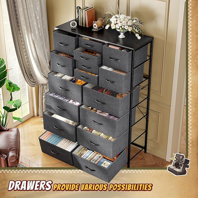 Romorgniz 57“H Dresser for Bedroom with Drawers,Fabric Dressers & Chests of Drawers for Bedroom,Large Dresser, Sturdy Metal Frame & Wood Top,Entryway, Hallway(Grey)