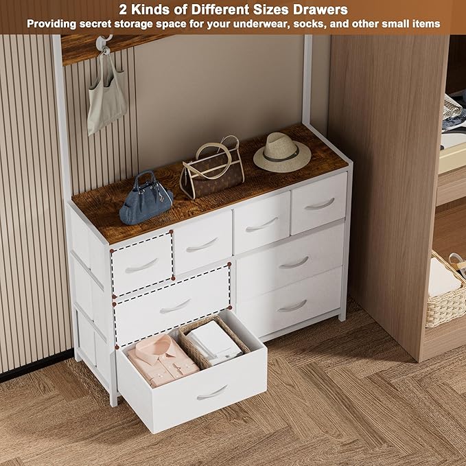 YKVIQBY 8 Drawer Dresser with 6 Double Hooks, 68.9" Tall Closet Organizer and Storage, Fabric Dresser for Bedroom, Nursery, Closet, Space-Saving Freestanding Storage Cabinet (White)
