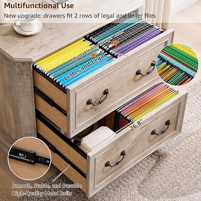 T4TREAM 34" Lateral File Cabinet with 2 Drawers, Farmhouse Filing Cabinet with 34" Wide Wooden Tabletop & Smooth Rails, Holds Letter/Legal, Hexagonal Design & Framed Drawer Fronts, Light Rustic Oak