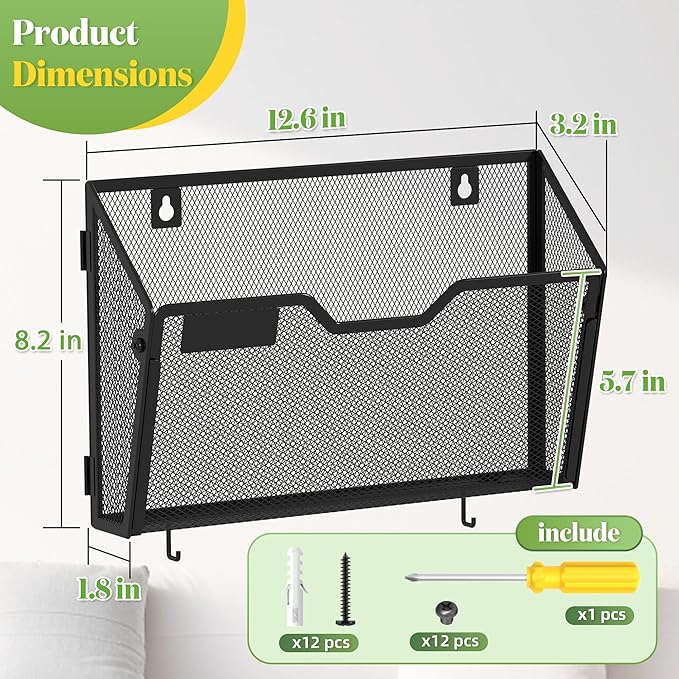 YINGHUA 6 Pack Mesh File Holders Wall Mounted - Durable Metal Hanging Organizer with Hooks - 12.6 Inch Vertical Wall Baskets for Mail Papers Office Home and School Storage - Black
