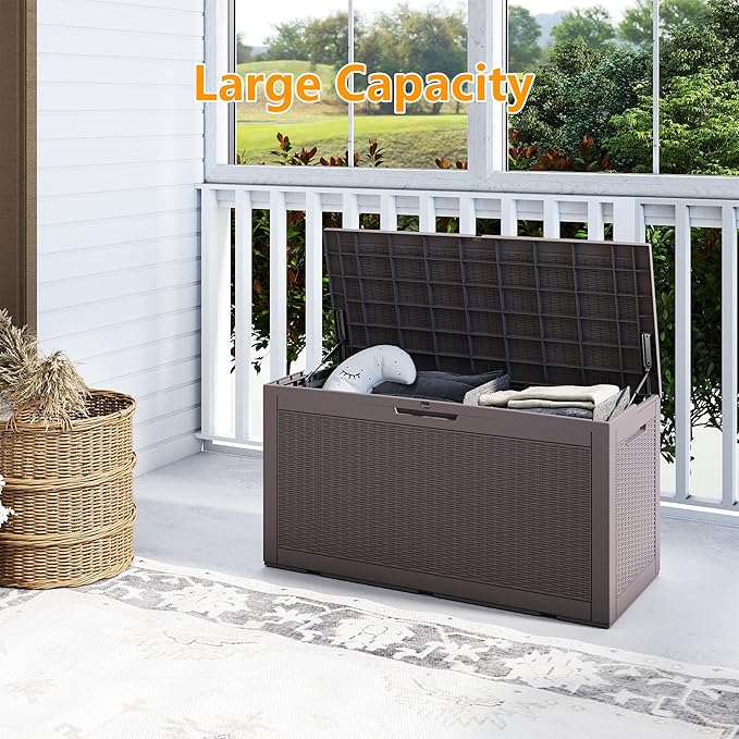 Yardgrace 100 Gallon Outdoor Storage Box Waterproof, Resin Deck Boxes with Lockable Lid & UV-Resistant for Patio, Pool, Garden Furniture Cushions & Accessories, Coffee