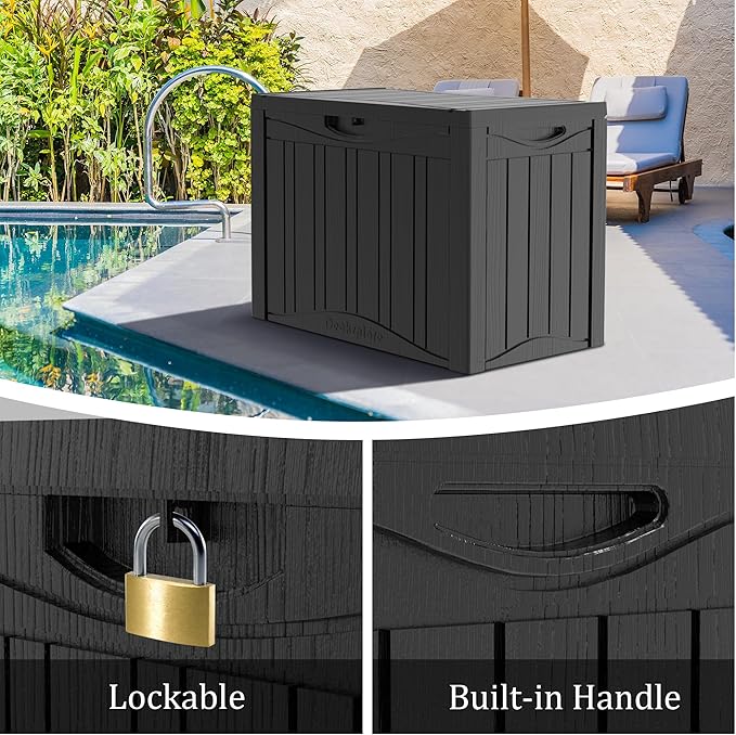 Yardgrace 50 Gallon Lockable Resin Outdoor Storage Box, Waterproof & Weather Resistant Deck Box for Patio Cushion, Garden Tools & Pool Accessories, Black
