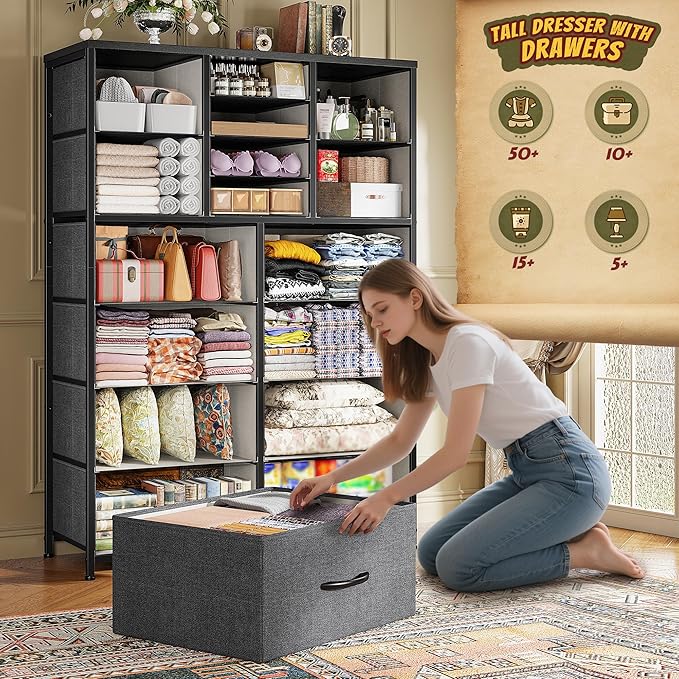 Romorgniz 57“H Dresser for Bedroom with Drawers,Fabric Dressers & Chests of Drawers for Bedroom,Large Dresser, Sturdy Metal Frame & Wood Top,Entryway, Hallway(Grey)