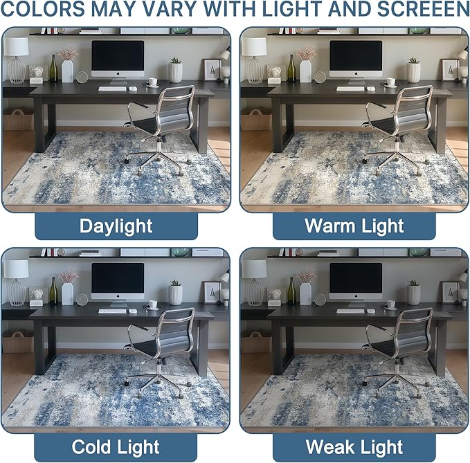 Office Chair Mat for Hardwood Tile Floor, Abstract 48"X 60" Desk Mats for Office Chair on Rolling Chairs Carpet, Desk Anti-Slip 1/5" Thick Rug for Computer Chair, Thin Low-Pile Floor Mat, Navy Beige