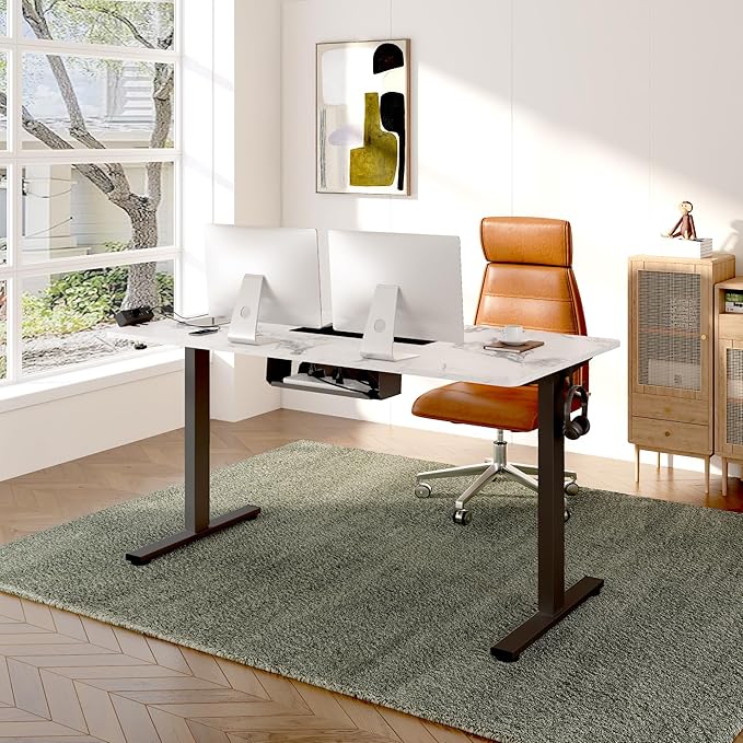 FLEXISPOT EN2 Whole-Piece Standing Desk with Clamp Power Strip, 48 x 30 Electric Stand Up Height Adjustable Desk with Cable Management (Black Frame + 48" Marble Gray, 2 Packages)