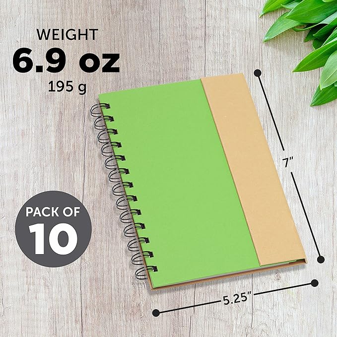 DISCOUNT PROMOS Eco Friendly Spiral Notebooks with Pens Set of 10, Bulk Pack - Perfect for School, Office, Home - Green