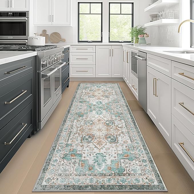 GENIMO 2‘6“x8 Runner Rugs for Hallway, Machine Washable Non Slip Vintage Rugs, Low Pile Lightweight Soft Print Rug for enrtyway, Corridor, Home Office, Kitchen, Cyan