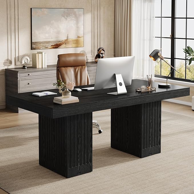 Tribesigns 63-Inch Executive Desk, Modern Office Computer Desk with Heavy Duty Double Pedestal, Large Study Writing Table Business Furniture for Home Office, Black, Set of 2