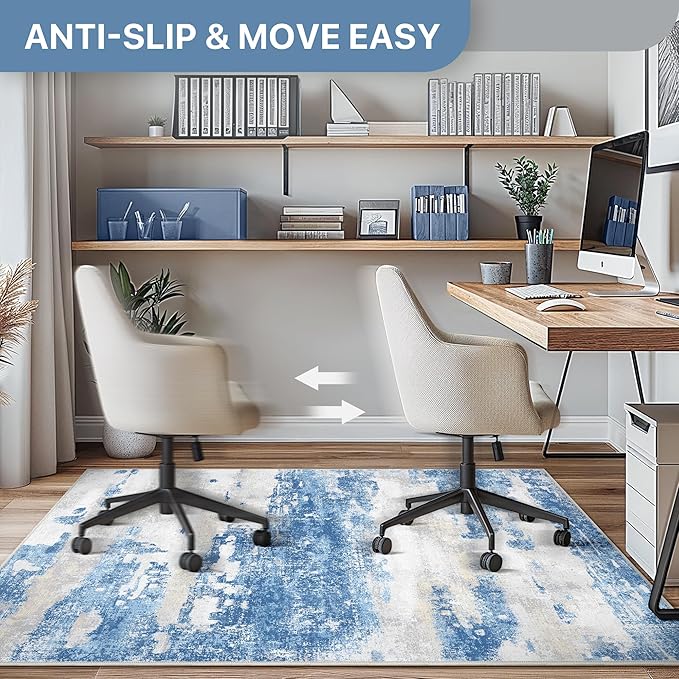 Office Chair Mat for Hardwood Tile Floor, Abstract 48"X 60" Desk Mats for Office Chair on Rolling Chairs Carpet, Desk Anti-Slip 1/5" Thick Rug for Computer Chair, Thin Low-Pile Floor Mat, Blue Cream
