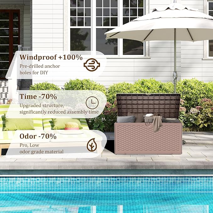 Decksplore 90 Gallon Pro Outdoor Storage Box Waterproof Lockable Resin Deck Box Large, Patio Storage Bin for Pool Accessories Cushion Furniture, Garden Tools, UV-Resistant Outside Delivery Brown