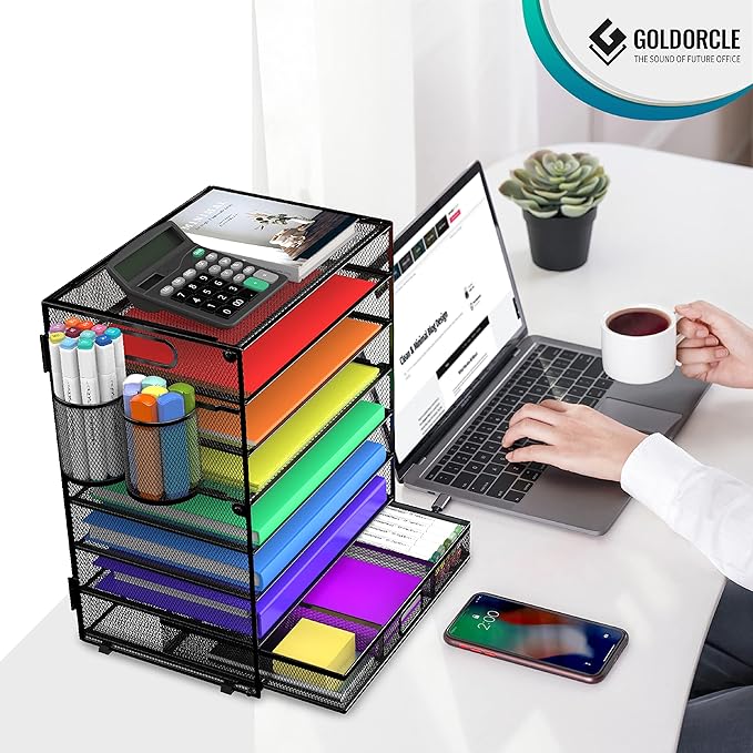 GoldOrcle 8 Tier Paper Letter Tray Organizer with Drawer & 2 Pen Holders, Mesh Desk File Holder Storage Organization for Home School Classroom & Office