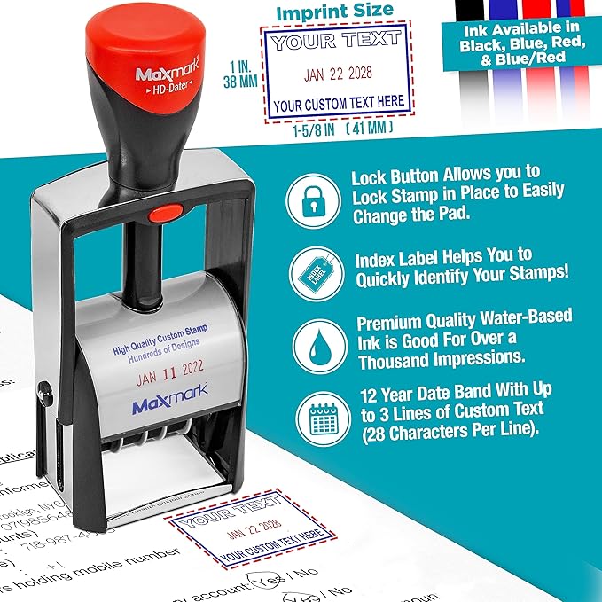 MaxMark Heavy Duty Self Inking Date Stamp with Phrase Approved - Blue Ink