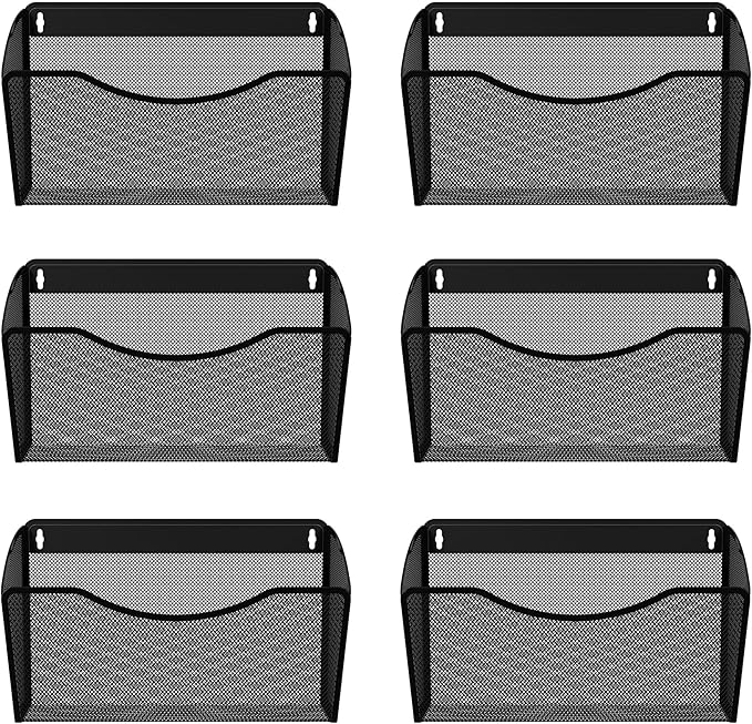EasyPAG 6 Single Pocket Wall File Organizer, Mesh Hanging File Folder Organizer for Letter/A4 Size Folders, Wall Mounted Vertical Mail Holder for Paperwork, Office, Home, School, Black