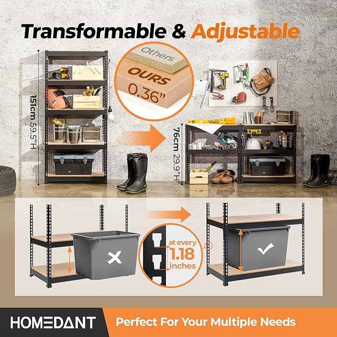 HOMEDANT 28" W 5 Tier Heavy Duty Garage Shelving Adjustable Metal Rack Storage Shelves Standing Shelf Unit Organizers Pantry Closet Black 1Pack