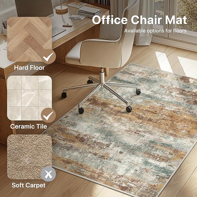 Office Chair Mat for Hardwood Tile Floor, Abstract 48"X 60" Desk Mats for Office Chair on Rolling Chairs Carpet, Desk Anti-Slip 1/5" Thick Rug for Computer Chair, Thin Low-Pile Floor Mat, Orange Sage