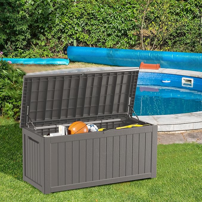 PATIOEASY Outdoor Storage Box 270GAL Waterproof Resin Deck Box,UV-Resistant Lockable Delivery Bin for Garden Tools,Large Patio Outside Cushions,Pool Accessories Supplies,Chest,Furniture,Package,Grey