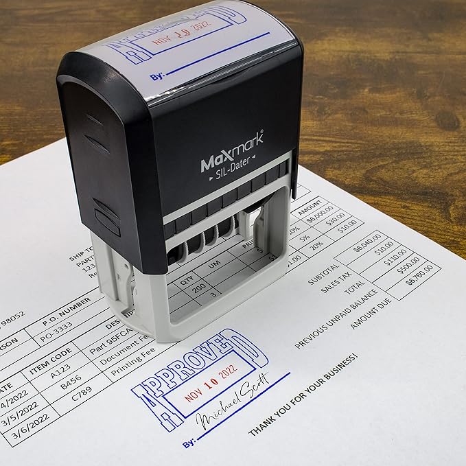 MaxMark Large Self-Inking Rubber Date Office Stamp with Entered Phrase & Date - Red Ink, 12-Year Band - Style 3