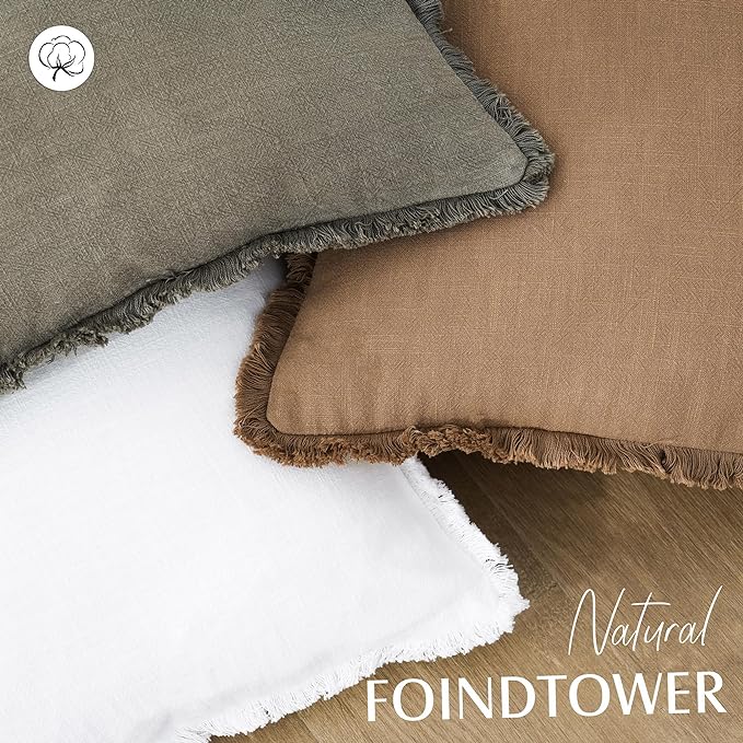 Foindtower Set of 2 Decorative Linen Fringe Throw Pillow Covers Cozy Boho Farmhouse Cushion Cover with Tassels Soft Accent Pillowcase for Couch Sofa Bed Living Room Home Decor, 22×22 Inch, Khaki Brown