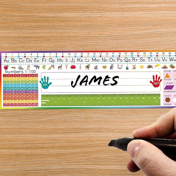 INKNOTE 32 PCS Name Tags for Classroom Multipurpose Manuscript Nameplate for Desks with Alphabet Numbers Ruler and Shapes for Kid from Pre Kindergarten to Primary School