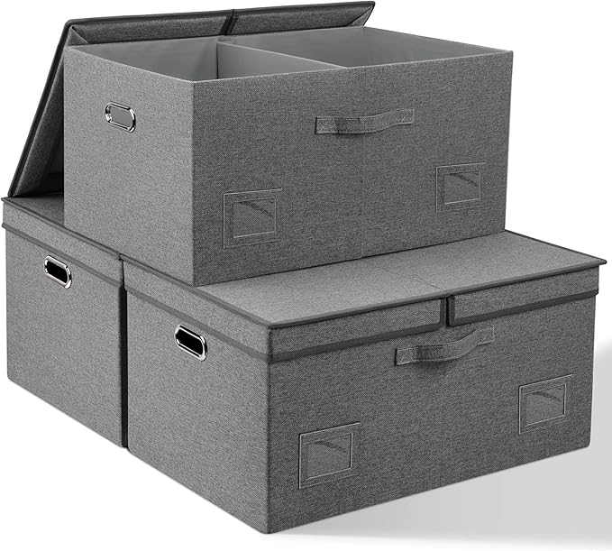 Graciadeco 75 Quarts Extra Large Decorative Storage Bins with Lids, 3 Packs Gray Collapsible Storage Bins with Lids, Stackable Storage Bins Decorative Box Storage With Lid Extra Large
