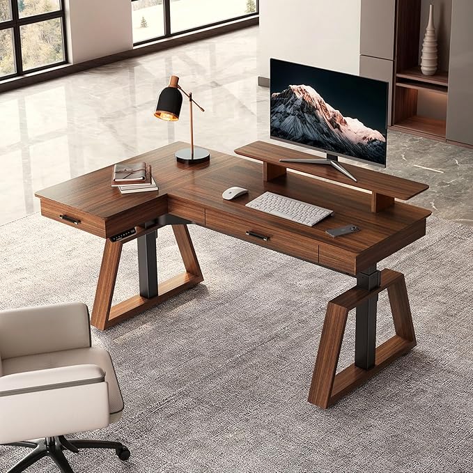 EUREKA ERGONOMIC L Shaped Desk 63", Solid Walnut Wood Top, Executive Standing Desk Adjustable Height, Dual Motor Corner Workstation with Drawers & Monitor Shelf for Home Office, Left