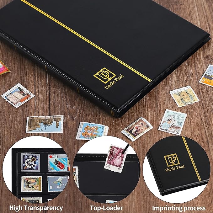 120 Pockets Stamp Album - Mixed Sizes Double-side Pages Artificial Leather Postage Stamp Holder Storage Book for Currency Banknotes Paper Folding Money Bills Documents Collection Black AS03MX1BK