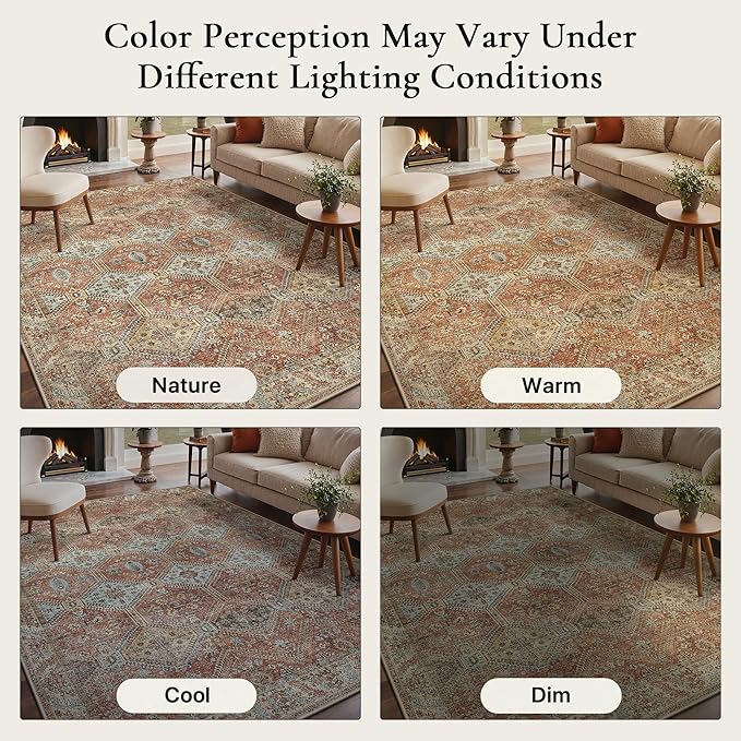 GENIMO 8x10 Area Rugs for Living Room, Machine Washable Non Slip Rugs, Low Pile Lightweight Print Rug for Bedroom, Dining Room, Home Office, Vintage Brick Red