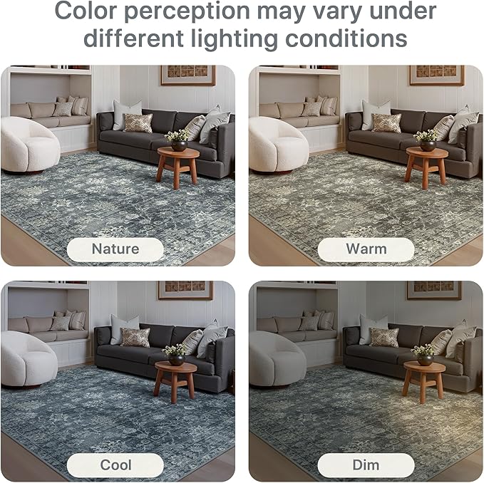 GENIMO 8x10 Area Rugs for Living Room, Machine Washable Non Slip Vintage Rugs, Low Pile Lightweight Chenille Print Rug for Bedroom, Dining Room, Home Office, Ashen Taupe
