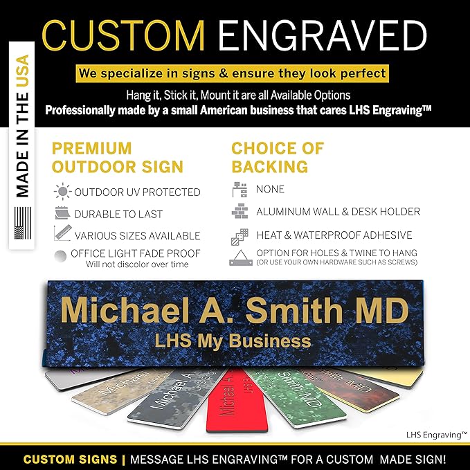 Engraved Custom Door Plate Celestial Blue Plastic Office Door Sign with Gold Letters - Made in USA 2x12 S1