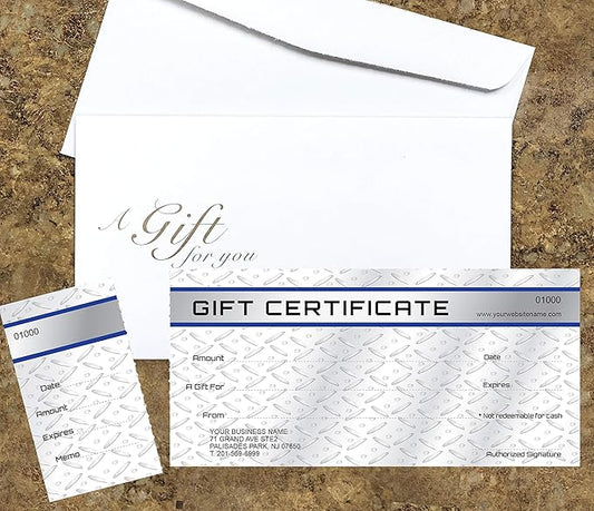 Custom Gift Certificates Cards with Envelopes 100 set - Metal Plate Image- Gift Coupons,Vouchers for Small Business