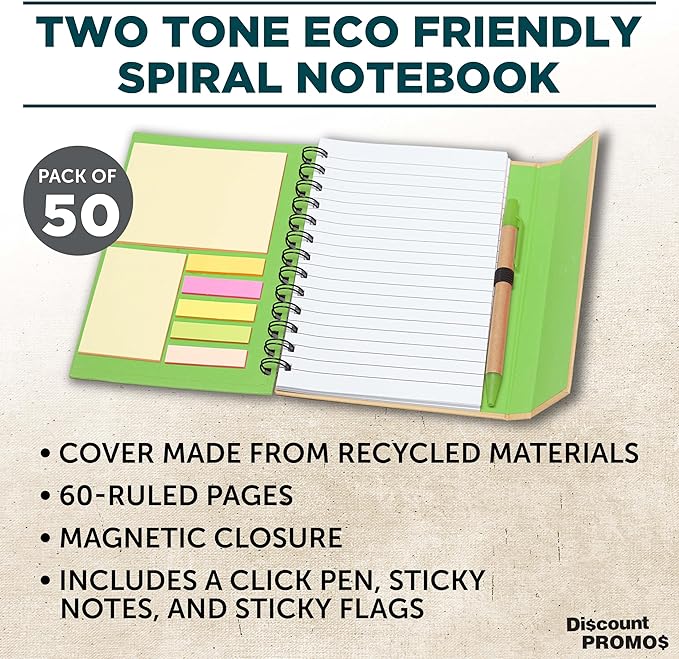 DISCOUNT PROMOS Custom Eco Friendly Spiral Notebooks with Pens Set of 50, Personalized Bulk Pack - Perfect for School, Office, Home - Green