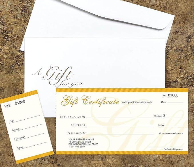 Custom Gift Certificates Cards with Envelopes 50 set - NJ67SB- Gift Coupons,Vouchers for Small Business