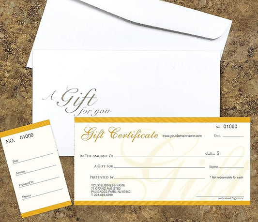 Custom Gift Certificates Cards with Envelopes 50 set - NJ67SB- Gift Coupons,Vouchers for Small Business