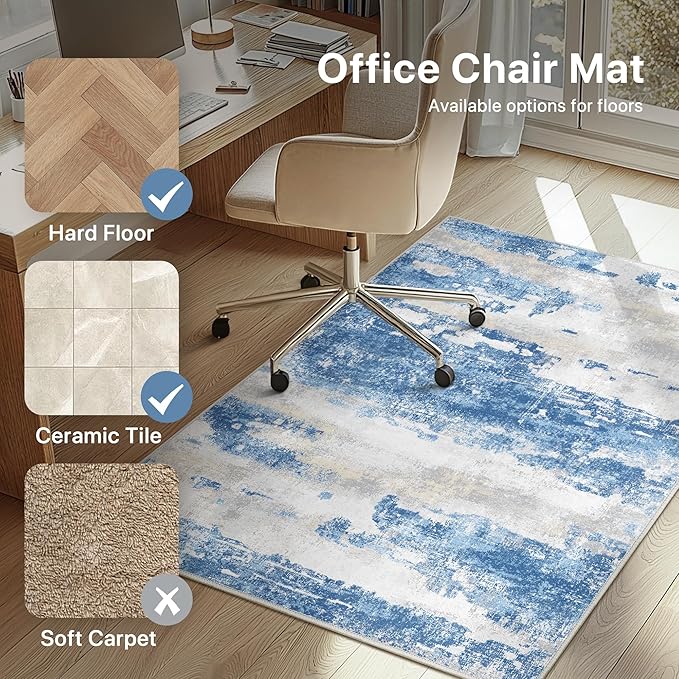 Office Chair Mat for Hardwood Tile Floor, Abstract 48"X 60" Desk Mats for Office Chair on Rolling Chairs Carpet, Desk Anti-Slip 1/5" Thick Rug for Computer Chair, Thin Low-Pile Floor Mat, Blue Cream