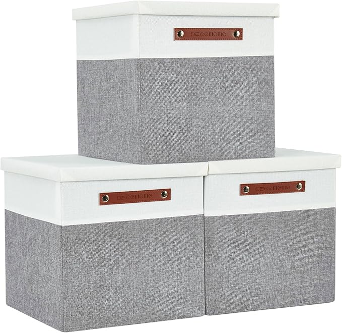 DECOMOMO Storage Basket with Lid, Storage Cubes with Handles, Fabric Box with Lid (Grey and White, 13” / 3 Pack)