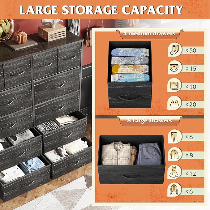 WLIVE Tall Dresser for Bedroom with 12 Drawers, Dressers & Chests of Drawers, Fabric Dresser for Closet, Living Room, Storage Dressers with Storage Drawers, Wood Top, Charcoal Black Wood Grain Print