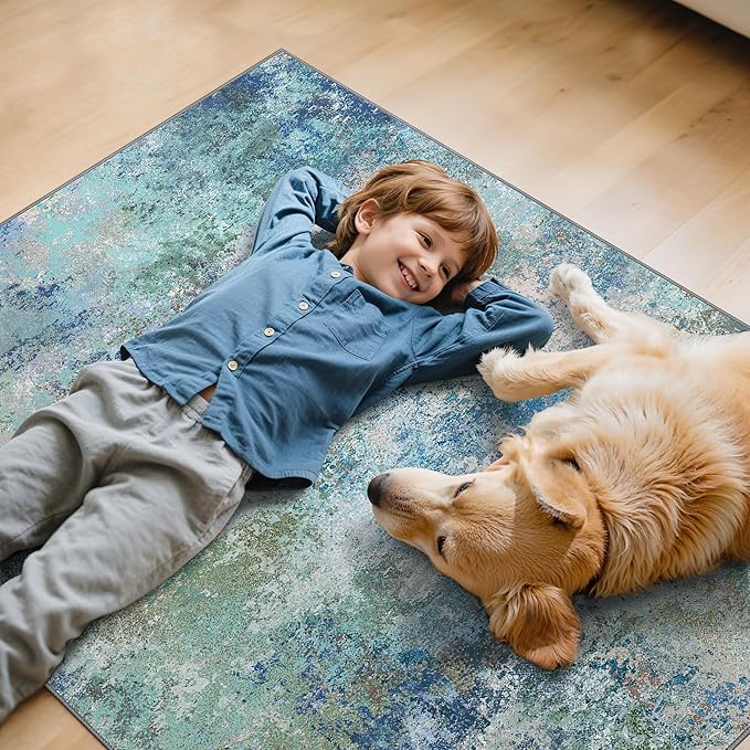 Office Chair Mat for Hardwood Tile Floor, Abstract 48"X 60" Desk Mats for Office Chair on Rolling Chairs Carpet, Desk Anti-Slip 1/5" Thick Rug for Computer Chair, Thin Low-Pile Floor Mat, Blue Green
