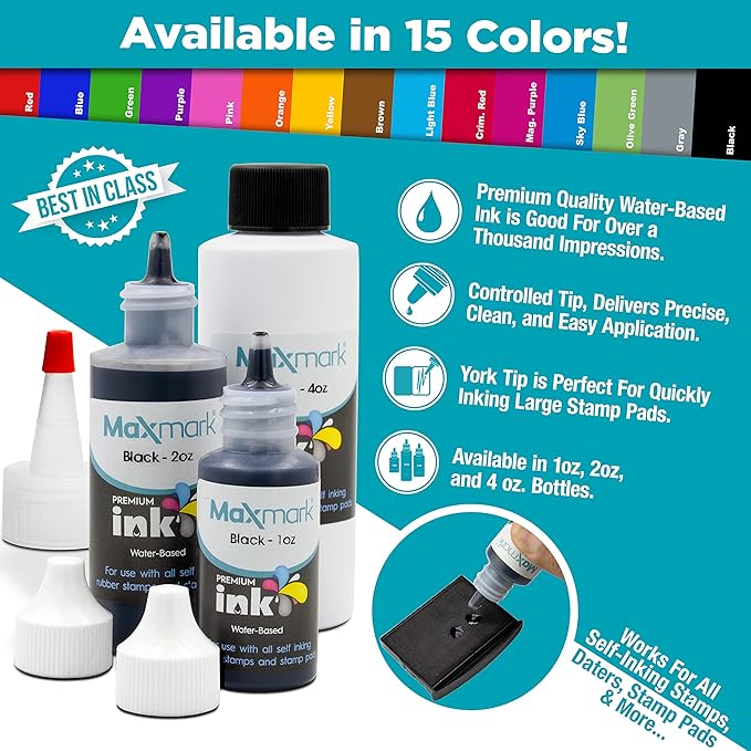 MaxMark Premium Refill Ink with Control Tip Bottle for Self-Inking Stamps, Red Color - 1 oz.