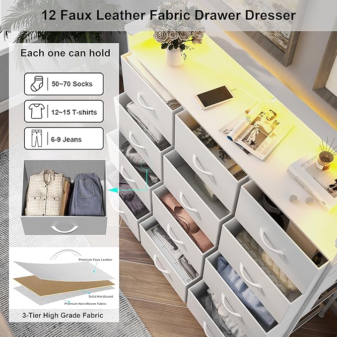 Welfuturer White Dresser with LED Lights and Charging Station for Bedroom 12 Drawers Dressers & Chest of Drawers Tall Dressers for Hallway Entryway Closets Living ROM Sturdy Steel Frame Wood Top