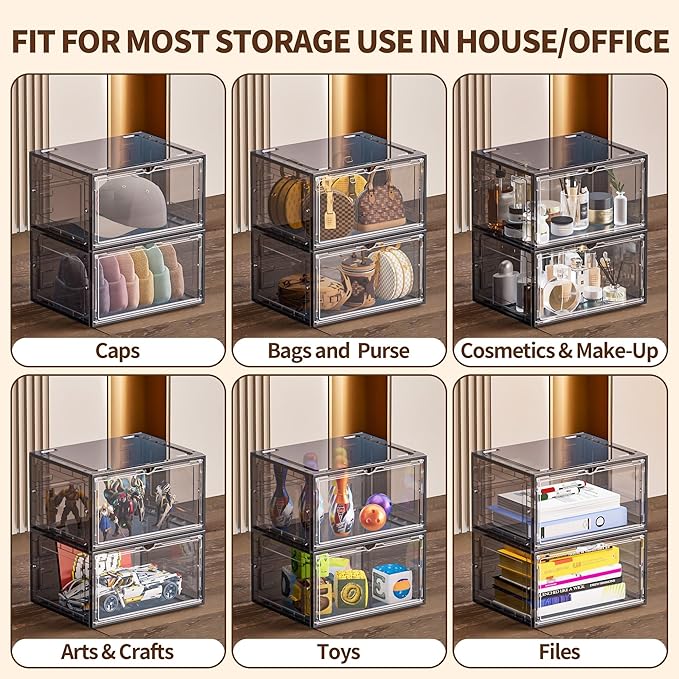 TOFWOF 6 Pack XX Large Shoe Organizer, Heavy-Duty Hard Thicken Plastic Clear Stackable Shoe Storage Box Organizer for Closet, Space-Saving Shoe Rack Display Case Bin Containers for Sneakers, Grey