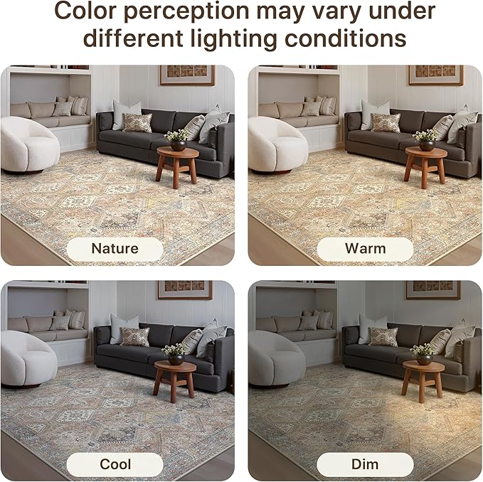 GENIMO 5x7 Area Rugs for Living Room, Machine Washable Non Slip Vintage Rugs, Low Pile Lightweight Print Rug for Bedroom, Dining Room, Home Office, Warm Brown