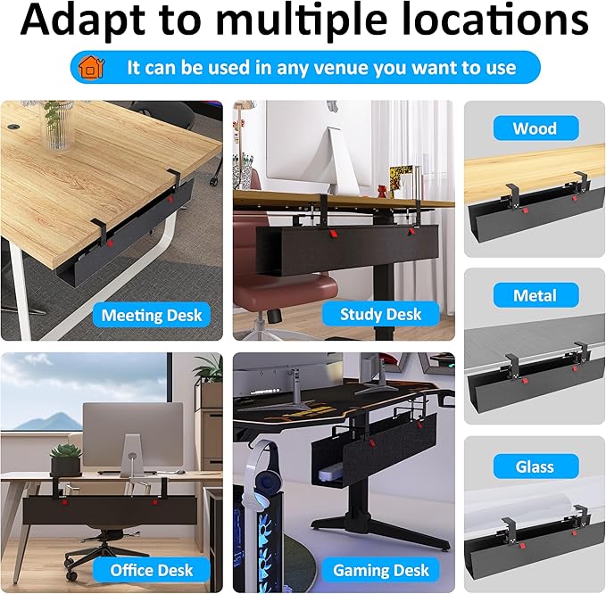 Cotohim Under Desk Cable Management Tray - Under Desk Cord Management - Clamp/Screw Mount - Fabric Wire Management - Cable Raceways Tray Cord Hiders for Office/Home (Black, 35.8"×5.6")