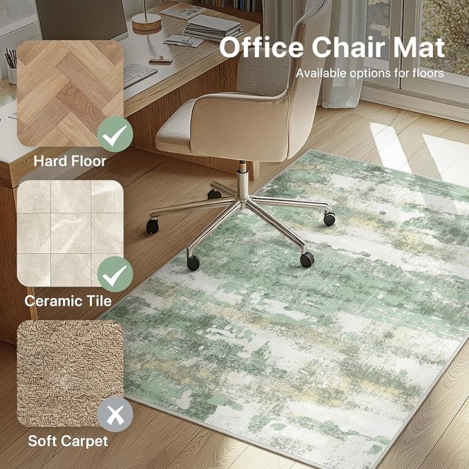 Office Chair Mat for Hardwood Tile Floor, Abstract 48"X 60" Desk Mats for Office Chair on Rolling Chairs Carpet, Desk Anti-Slip 1/5" Thick Rug for Computer Chair, Thin Low-Pile Floor Mat, Green