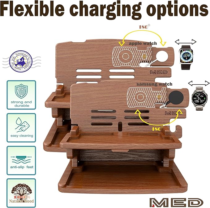 MED Wood Phone Docking Station – Nightstand Desk Organizer for Phone, Watch, Wallet & Tablet – Gift for Men, Husband, Dad & Women – Wooden Charging Stand, (Dark Walnut, Model 2)