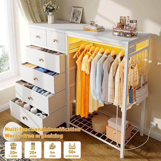 EnHomee 49.2" W White Dresser for Bedroom with Hanging Rack, 6 Drawers Dresser with LED Lights & Charging Station, Fabric Dressers & Chest of Drawers with Grid Panel & 4 Hooks, Wooden Top